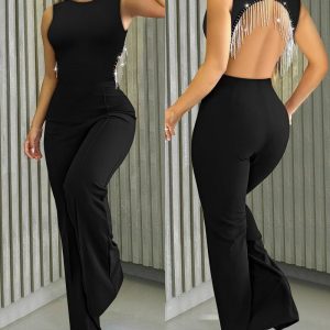 Round Neck Sleeveless Rhinestone Chain Jumpsuit Casual Backless Loose Rompers, women Jumpsuits, ChicMe catalog