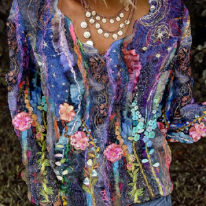 V Neck Long Sleeve Floral Regular Micro-Elasticity Loose Blouse For Women, Blouses, color:Purple|size:XXL, catalog Noracora shop