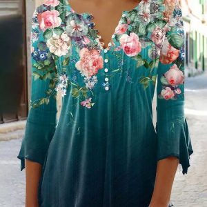 Crew Neck Three Quarter Sleeve Floral Lace Regular Micro-Elasticity Loose Blouse For Women, Blouses, color:Deep Blue|size:5XL, catalog Noracora shop