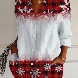 Shirt Collar Long Sleeve Plaid Regular Loose Shirt For Women, Shirts, color:Red|size:XXL, catalog Noracora shop
