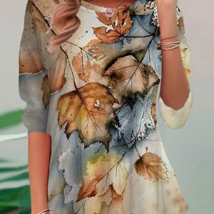 Casual Leaf Crew Neck Long Sleeve T-shirt, Blouses, color:Multicolor|size:XXL, catalog Noracora shop