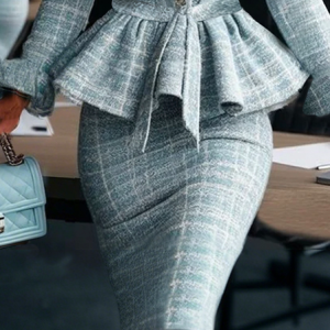 Elegant Tweed Plaid Tight Slit Skirt, Skirts, color:Blue|size:XXL, Stylewe