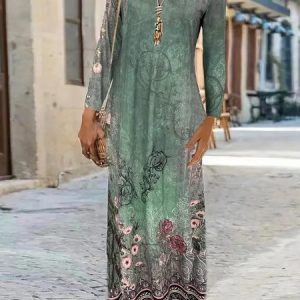 Women Geometric Long Sleeve Comfy Casual Maxi Dress, Dresses, color:Dark Green|size:3XL, catalog Noracora shop
