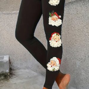 Women's Casual Santa Claus Jersey All Season Long Leggings, JustFashionNow Leggings, color:Black|size:XXL,