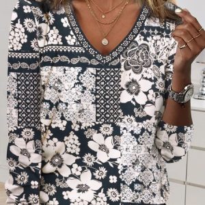 Casual Floral V Neck Long Sleeve T-shirt, T-shirts, color:Black-white|size:XXL, catalog Noracora shop