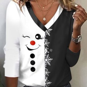 Women's Long Sleeve Tee T-shirt Spring/Fall Christmas Jersey V Neck Daily Going Out Casual Top, JustFashionNow T-Shirts, color:Black|size:XXL,
