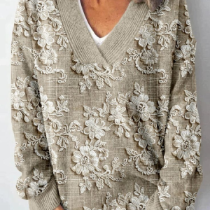 Casual V Neck Floral Sweatshirt, Hoodies & Sweatshirts, color:Khaki|size:4XL, catalog Noracora shop