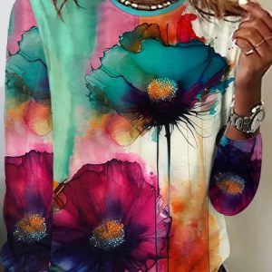 Casual Floral Crew Neck Long Sleeve T-shirt, T-shirts, color:Multicolor|size:4XL, catalog Noracora shop