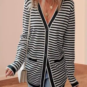 Women's Striped Regular Loose Jacket, Outerwear, color:Black|size:3XL, catalog Noracora shop