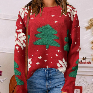 Women Yarn/Wool Yarn Christmas Tree Long Sleeve Comfy Casual Sweater, Sweaters, color:Red|size:XL, catalog Noracora shop