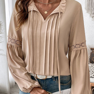Long Sleeve Plain Regular Micro-Elasticity Loose Blouse For Women, Blouses, color:Khaki|size:XL, catalog Noracora shop