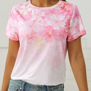 Loosen Cotton Blends Sakura Short Sleeve T-Shirt, T-shirts, color:Pink|size:XXL, catalog Noracora shop