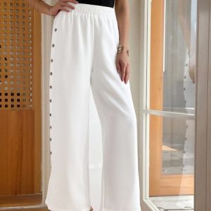 Cotton Casual Plain Buckle Pants, Pants, color:White|size:XXL, catalog Noracora shop