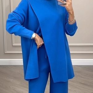 Plain Loose Stand Collar Casual Long Sleeve Sweater, Pullovers, color:Blue|size:XXL, Stylewe