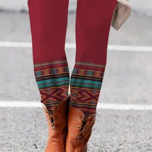 Casual Ethnic Long Leggings, Leggings, color:Wine Red|size:XXL, catalog Noracora shop