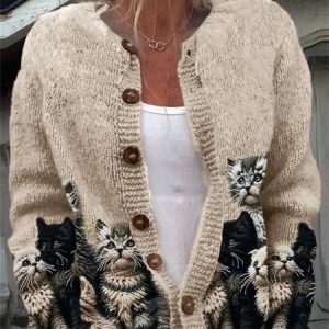 Women Knitted Cute Cats Long Sleeve Comfy Casual Cardigan, Cardigans, color:Apricot|size:5XL, catalog Noracora shop