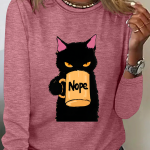 Funny Nope Cat Coffee Casual Long Sleeve Shirt, Long sleeves, Lilicloth.com