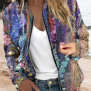 Women's Abstract Zipper Regular Loose Jacket, Outerwear, color:Purple|size:XXL, catalog Noracora shop
