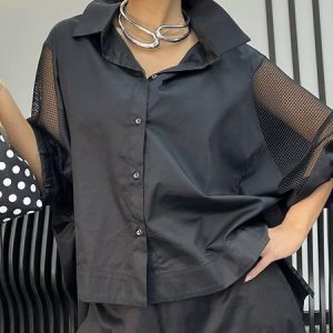 Urban Plain Mesh Shirt Collar Shirt, Blouses and Shirts, color:Black|size:XXL, Stylewe