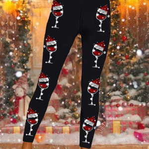 Casual Christmas Wine Glass Long Leggings, Leggings, color:Black|size:XXL, catalog Noracora shop