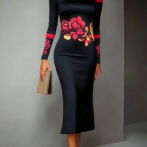 Urban Floral Mock Neck Maxi Dress, Maxi Dresses, color:Reddish Black|size:XXL, Stylewe