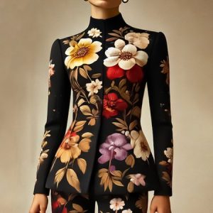 Elegant Stand Collar Floral Printing Jacket, Jackets, color:As Picture|size:XXL, Stylewe
