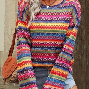 Crew Neck Long Sleeve Multicolor Block Jacquard Regular Micro-Elasticity Loose Blouse For Women, Blouses, color:Multicolor|size:XL, catalog Noracora shop