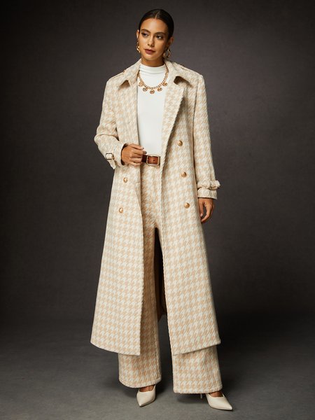Buttoned Houndstooth Lapel Collar Urban Coat, Coats, color:As Picture|size:XXL, Stylewe