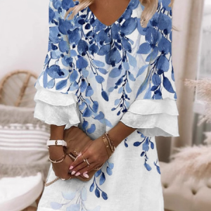 Women Floral V Neck Three Quarter Sleeve Comfy Casual Mini Dress, Dresses, color:Blue|size:5XL, catalog Noracora shop