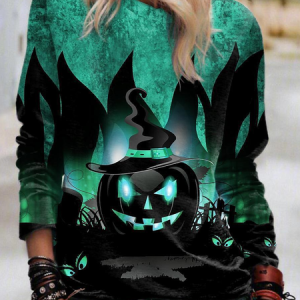 Casual Halloween Crew Neck Long Sleeve T-shirt, T-shirts, color:Green|size:5XL, catalog Noracora shop