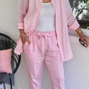 Women Plain Shawl Collar Long Sleeve Comfy Casual Coat With Pants Two-Piece Set, Sets, color:Pink|size:5XL, catalog Noracora shop