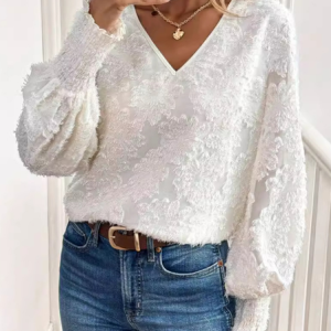 V Neck Puff Sleeve Long Sleeve Plain Lace Regular Loose Blouse For Women, Blouses, color:White|size:XXL, catalog Noracora shop