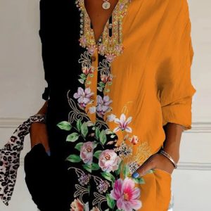 Shirt Collar Long Sleeve Floral Regular Loose Shirt For Women, Shirts, color:Multicolor|size:5XL, catalog Noracora shop
