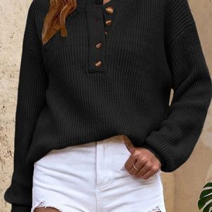 Women Yarn/Wool Yarn Plain Long Sleeve Comfy Casual Buckle Sweater, Sweaters, color:Black|size:XL, catalog Noracora shop