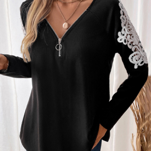 V Neck Long Sleeve Plain Zipper Regular Loose Blouse For Women, Blouses, color:Black|size:XL, catalog Noracora shop