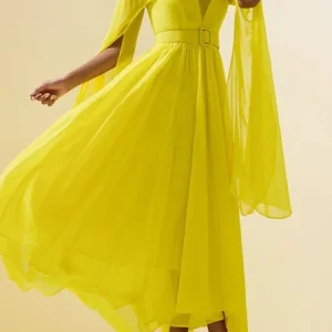 Elegant Plain Split Sleeve Crew Neck Party Maxi Dress With Belt, Maxi Dresses, color:Yellow|size:XXL, Stylewe