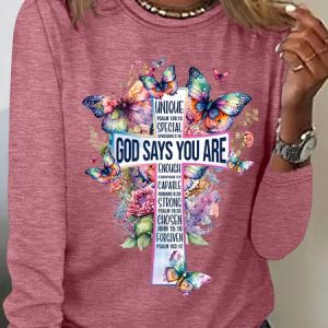 God Says You Are Cross Bible Verse Cross With Watercolor Flowers And Butterflies Casual Long Sleeve Shirt, Long sleeves, Lilicloth.com