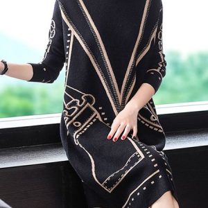 Regular Sleeve Loose Casual Striped Mock Neck Sweater Dress, Midi Dresses, color:Black|size:XXL, Stylewe