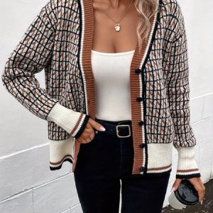 Women Yarn/Wool Yarn Houndstooth Long Sleeve Comfy Casual Sweater, Sweaters, color:Coffee|size:L, catalog Noracora shop