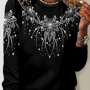 Crew Neck Casual Floral Jersey T-Shirt, Long sleeves, Lilicloth.com