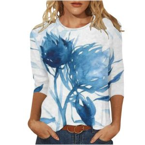 Crew Neck Long Sleeve Floral Regular Micro-Elasticity Loose Blouse For Women, Blouses, color:Blue|size:4XL, catalog Noracora shop