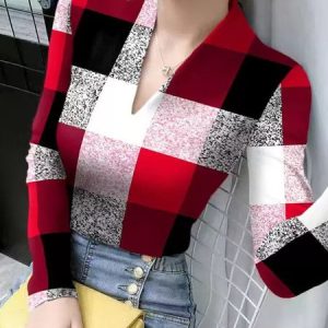 Chic Plaid Bodycon Tee, Tees, color:Black-red|size:XXL, Stylewe