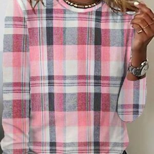 Casual Jersey Crew Neck Plaid T-Shirt, Long sleeves, Lilicloth.com