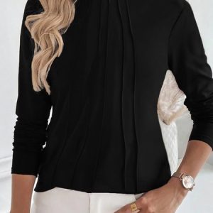 Crew Neck Long Sleeve Plain Regular Micro-Elasticity Loose Blouse For Women, Blouses, color:Black|size:3XL, catalog Noracora shop