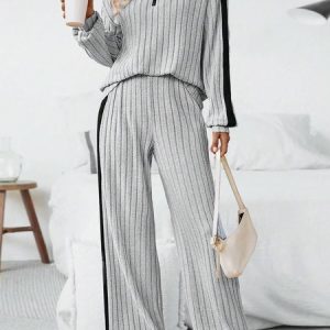 Women Color Block Crew Neck Long Sleeve Comfy Casual Top With Pants Two-Piece Set, Sets, color:Gray|size:4XL, catalog Noracora shop