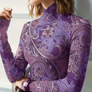 Plants Printing Casual Turtleneck T-Shirt, Tees, color:Purple|size:XXL, Stylewe