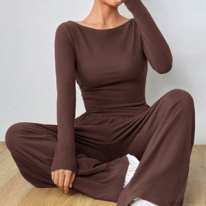 Women Plain Long Sleeve Comfy Casual Zipper Top With Pants Two-Piece Set, Sets, color:Coffee|size:XXL, catalog Noracora shop