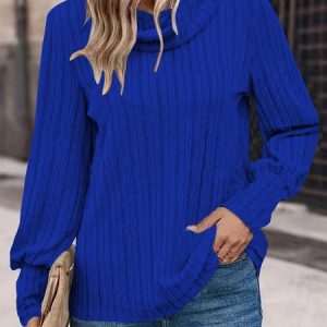 Turtleneck Long Sleeve Plain Regular Micro-Elasticity Loose Blouse For Women, Blouses, color:Blue|size:XXL, catalog Noracora shop