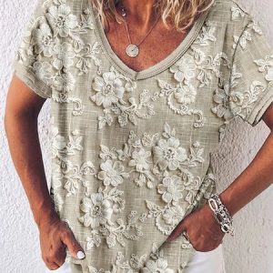 Vintage 3D Floral Printing V Neck Short Sleeve T-shirt, T-shirts, color:As Picture|size:XXL, catalog Noracora shop