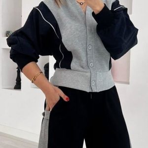 Casual  V Neck Color Block Jacket, Jackets, color:As Picture|size:XXL, Stylewe